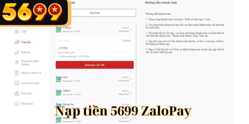 Nạp qua zalo pay không mất phí giao dịch